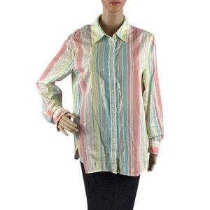 Talbots Pastel Striped Metallic Cotton Button Front Shirt Size M